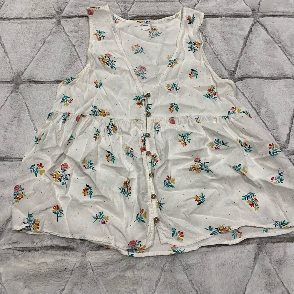 O’Neill Floral Button Front Beachy Ruffle Tank SZ S California Hipster Surf Top